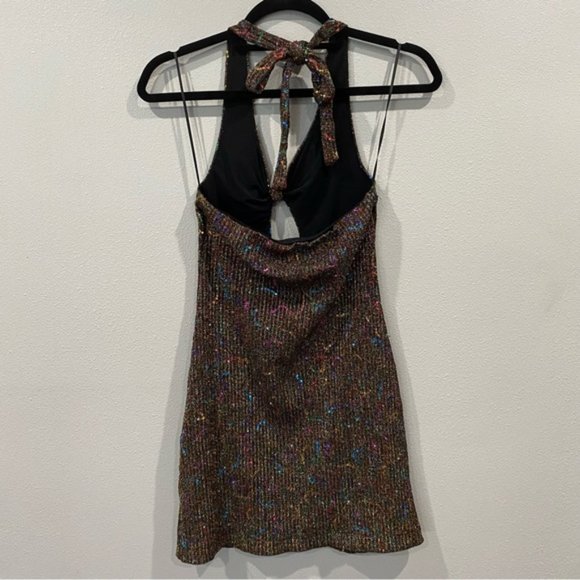 Urban Outfitters Sequin Glitter Gold Multicolor Halter Mini Dress Cut Out XS - Picture 8 of 8